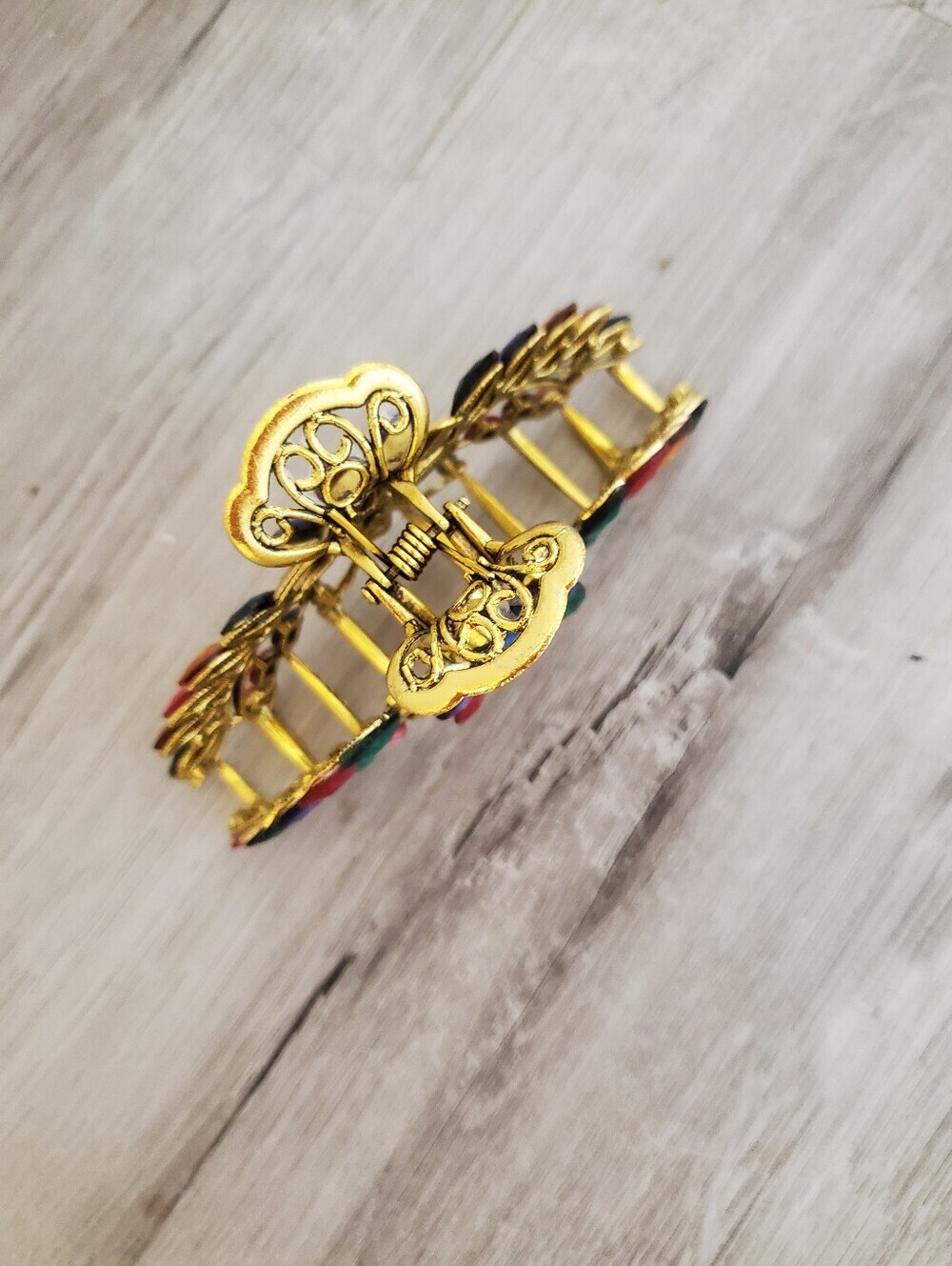 Vintage Turkish Style Gold Metal Multi-Color Floral Hair Claw Clip Large Barette - Picture 3 of 3